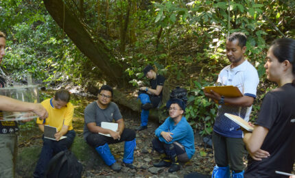 a woman instructs a group of graduate students on in the rainforests of Malaysian Borneo.