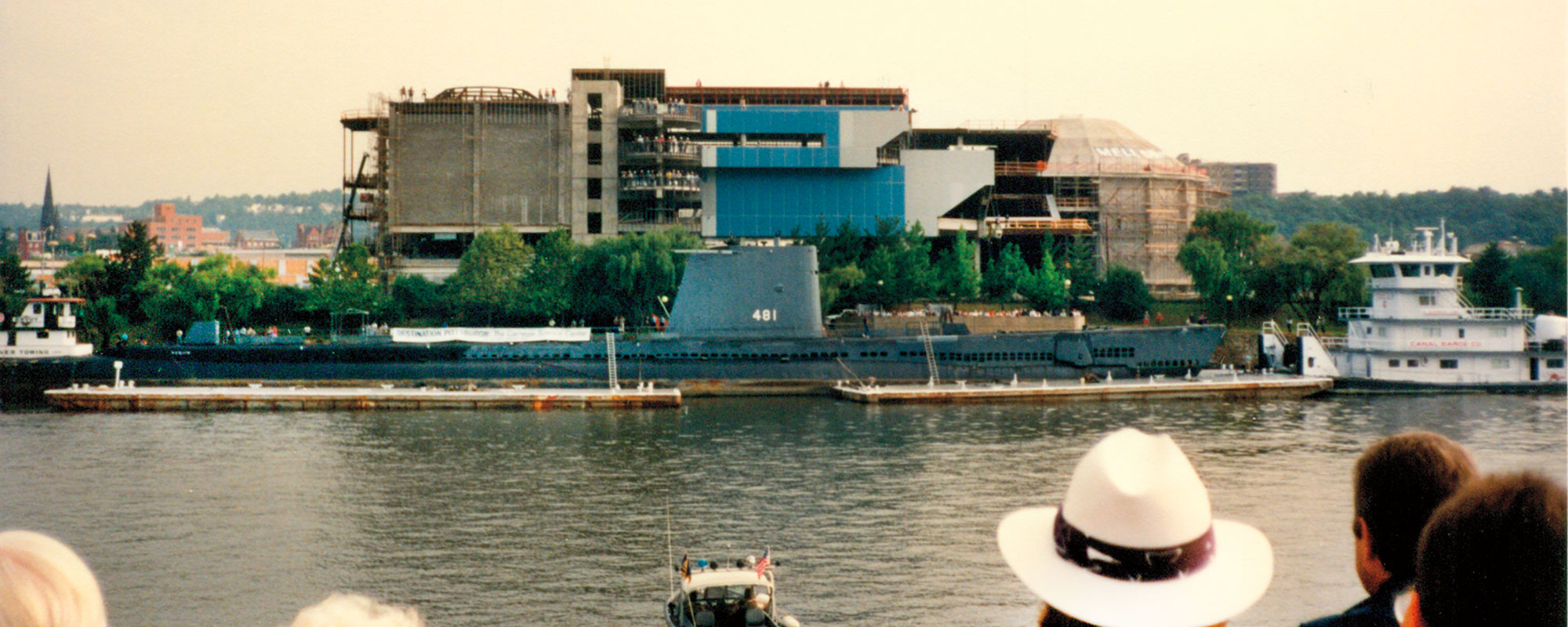 A 1990 photo of the USS Requin submarine in front of the Carnegie Science Center