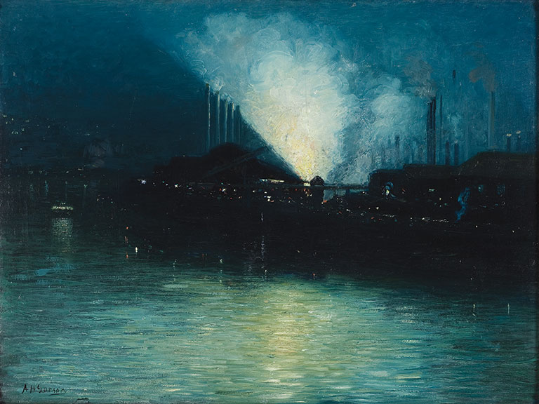 A dark moody painting of a steel mill at night