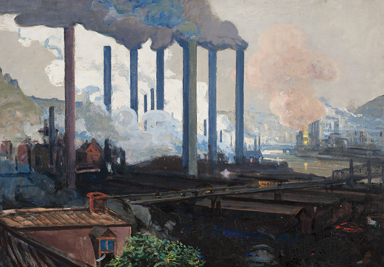 A painting of a steel mill's smoke stacks