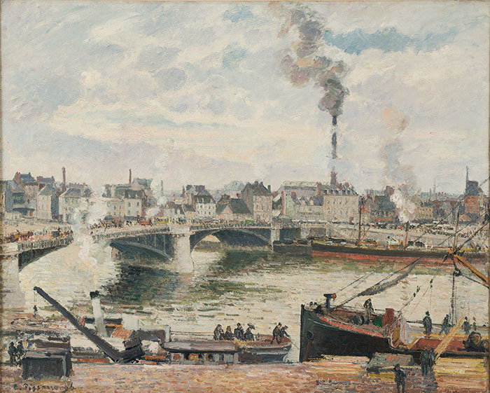 A painting of a bridge with boats docked along the side