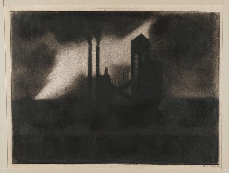 a dark dramatic painting of an industrial scene
