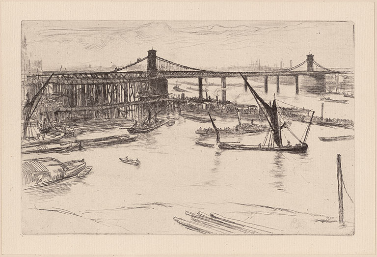 A black and white drawing of a bridge with boats in the forground