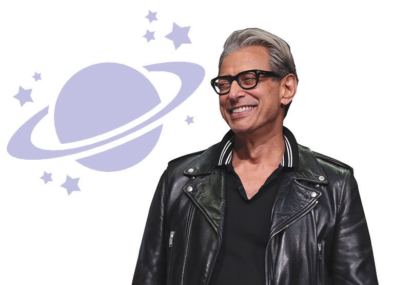 A photo of the actor, Jeff Goldblum with a graphic of planets and stars behind him