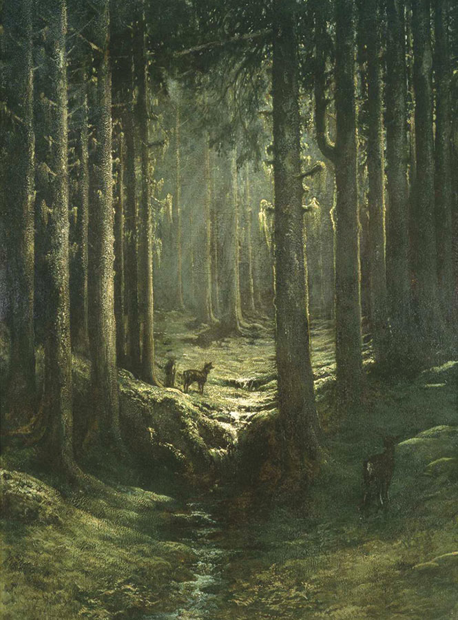Painting of a dark, pine forest.