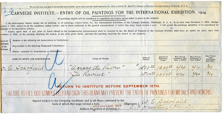 An entry form for the 1904 Carnegie International