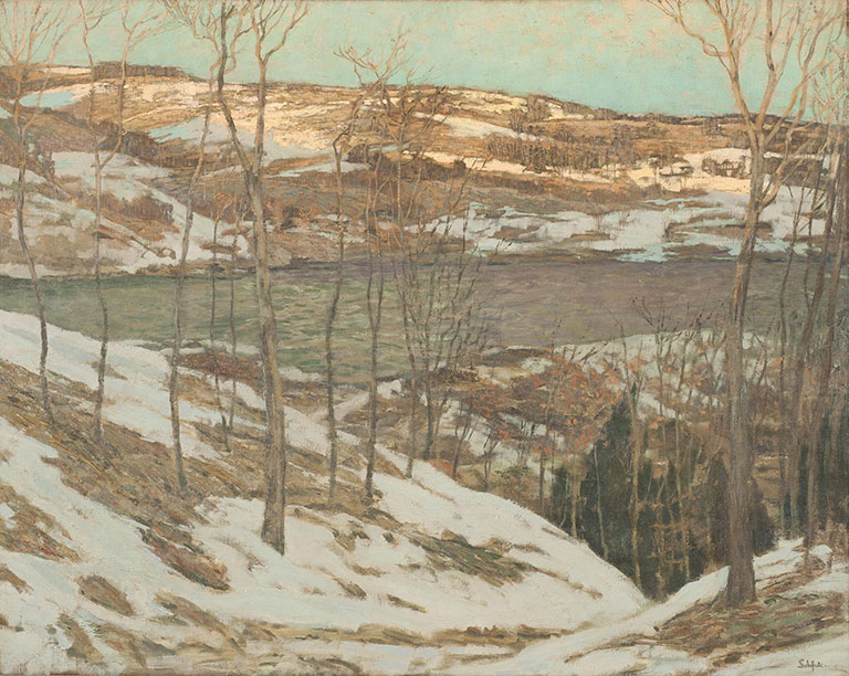 Painting of a snowy river scene