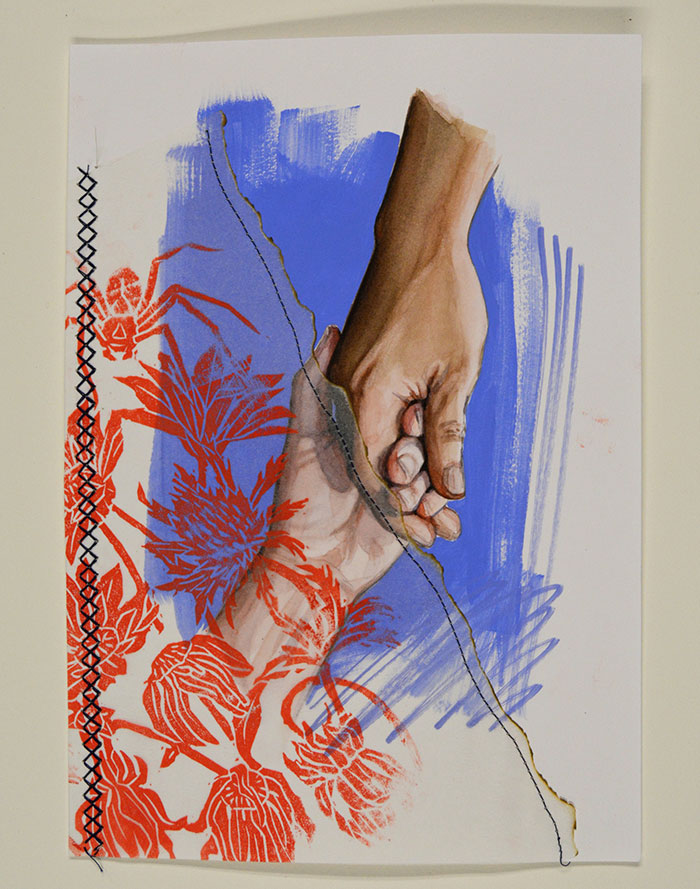 A painting of 2 human hands touching