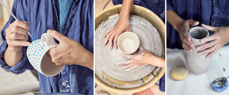 3 images of a ceramicist at work