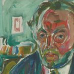 Painting of a man's face using broad brush strokes.