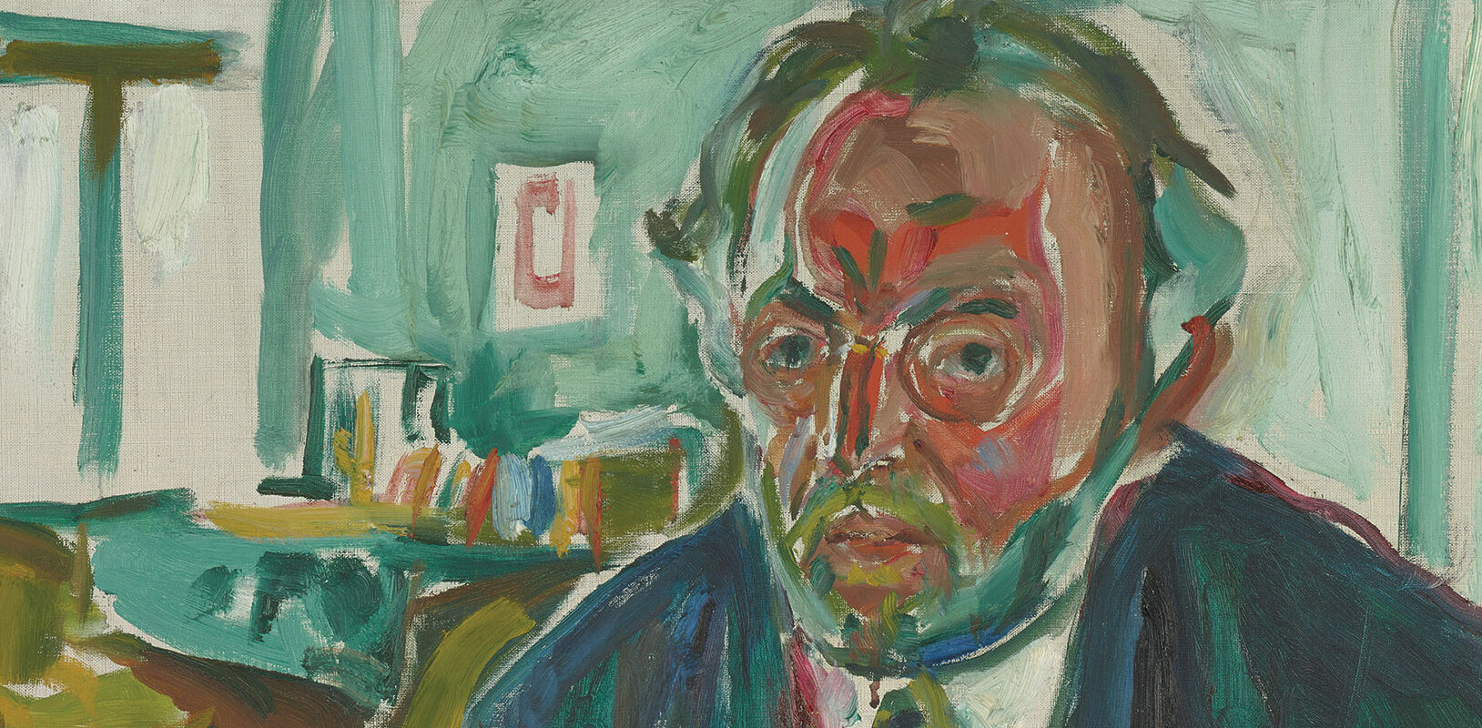 Painting of a man's face using broad brush strokes.