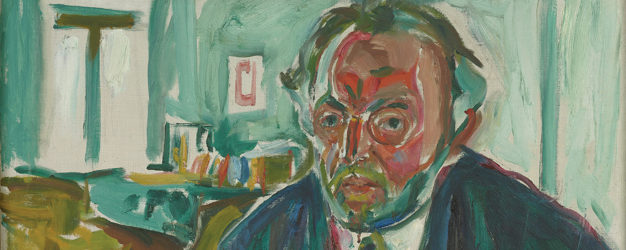 Painting of a man's face using broad brush strokes.