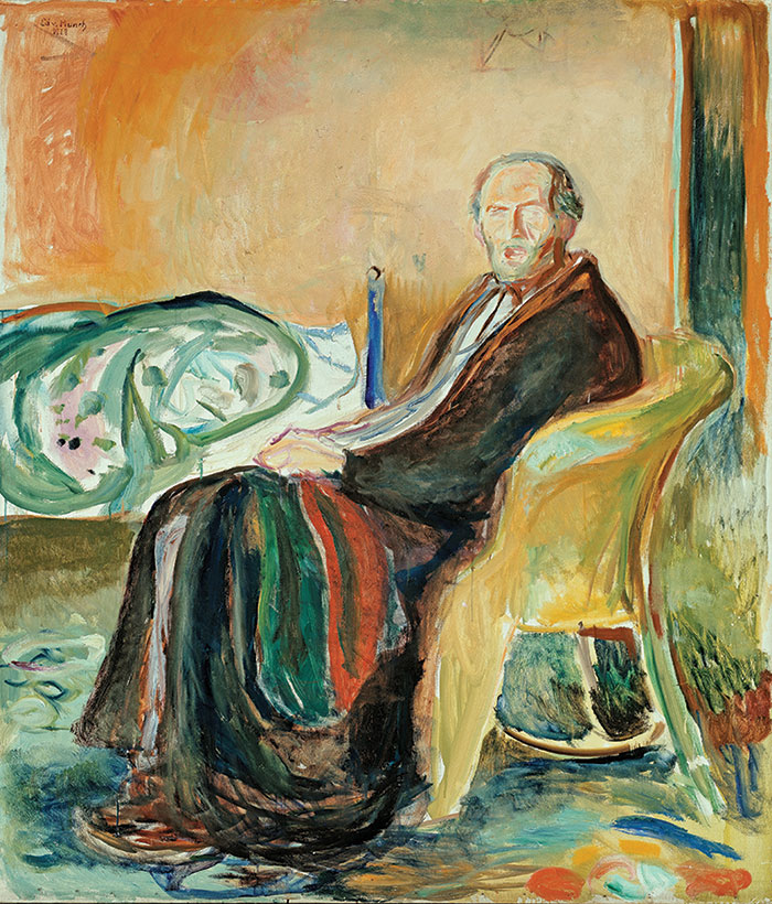 Painting of a man sitting in a chair wrapped in a blanket.