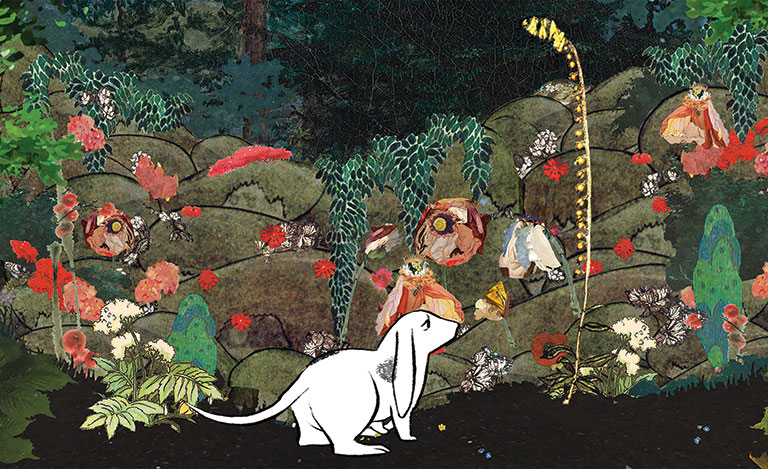 A still image from a video depicting a white rabbit