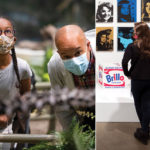 Three images of museum visitors