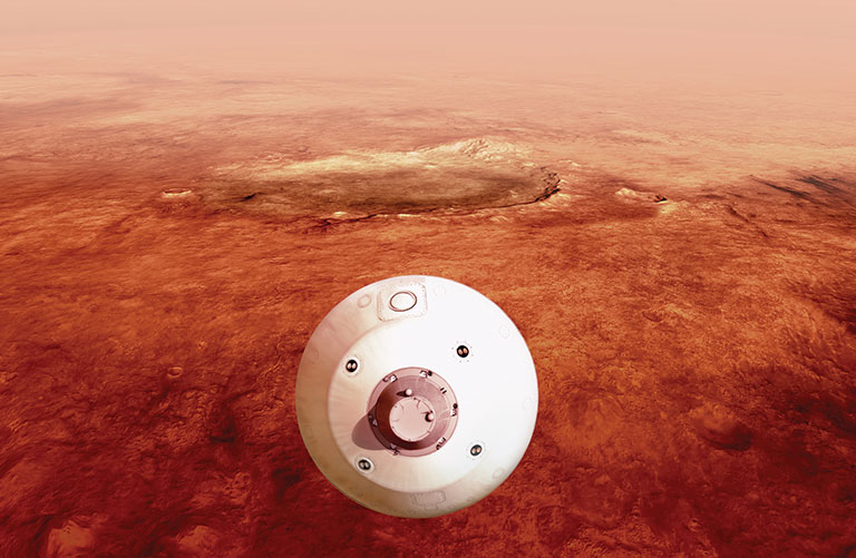 An illustration shows Perseverance making its way toward Mars.