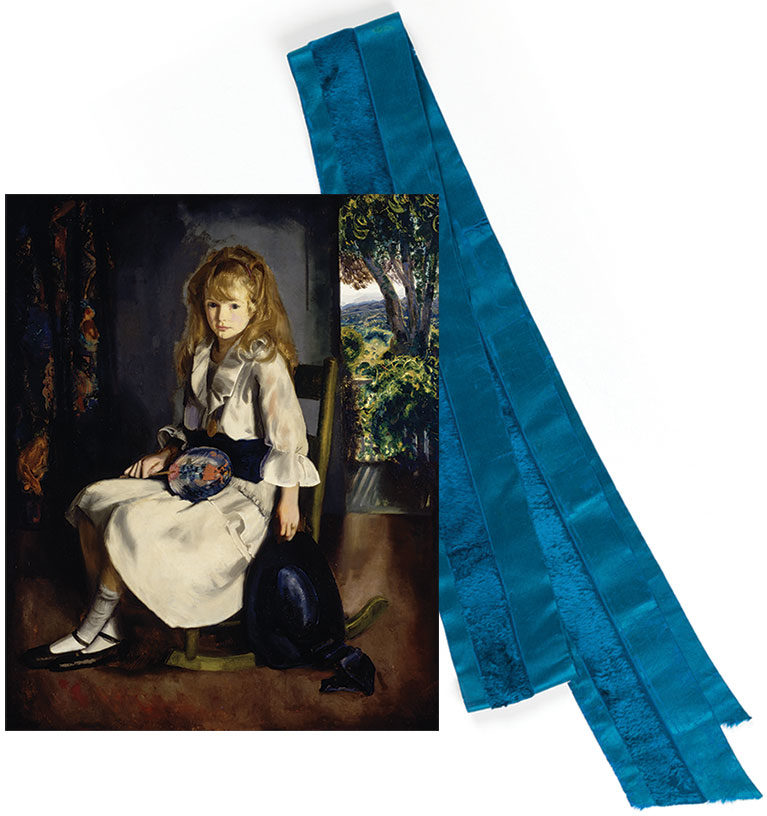 A painting of a young girl. There's a blue sash lying behind the painting.