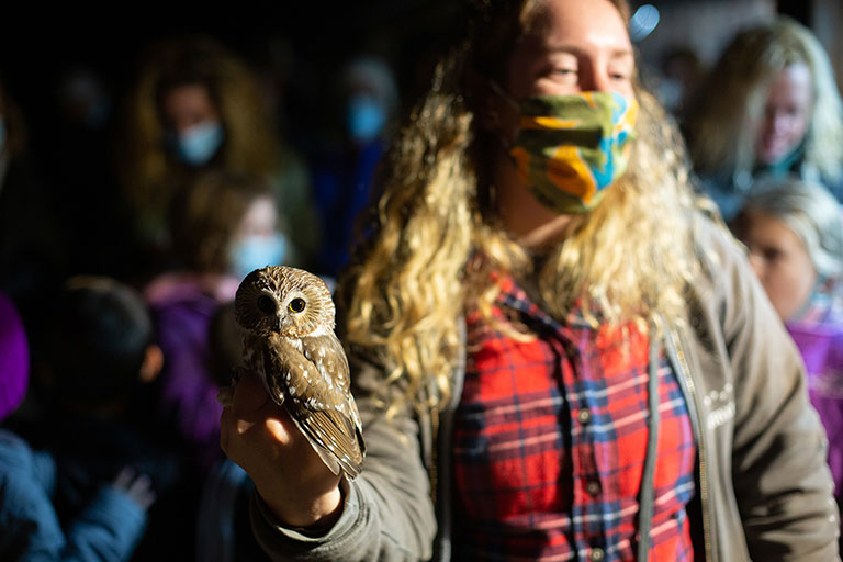 A young woman holding an owl and talking to a group of people.