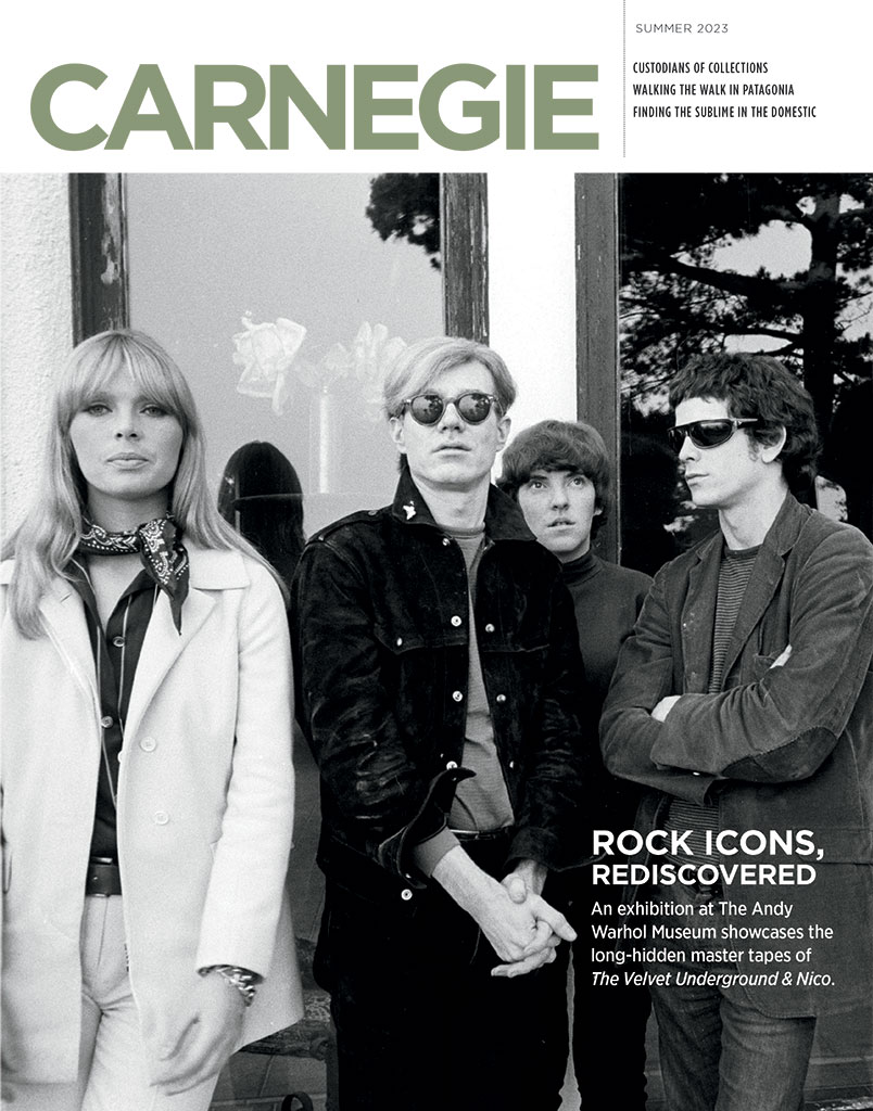 The cover of the summer issue of Carnegie magazine depicting Andy Warhol and some of the members of the Velvet Underground