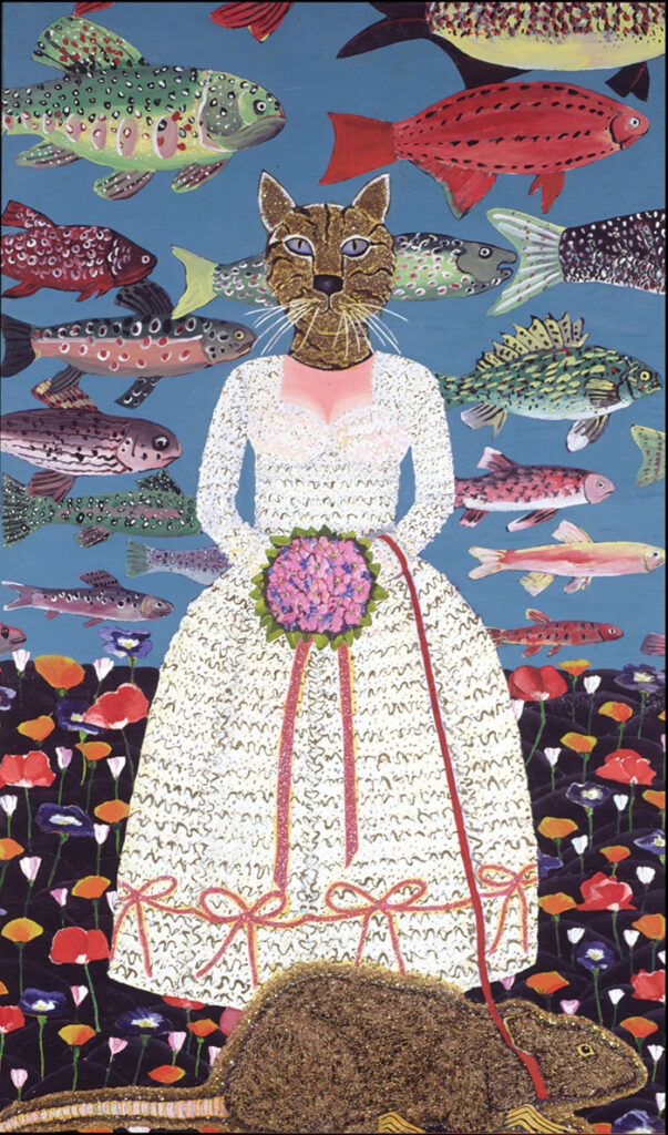 A painting of a cat standing in a wedding dress with a pattern of fishes behind it.