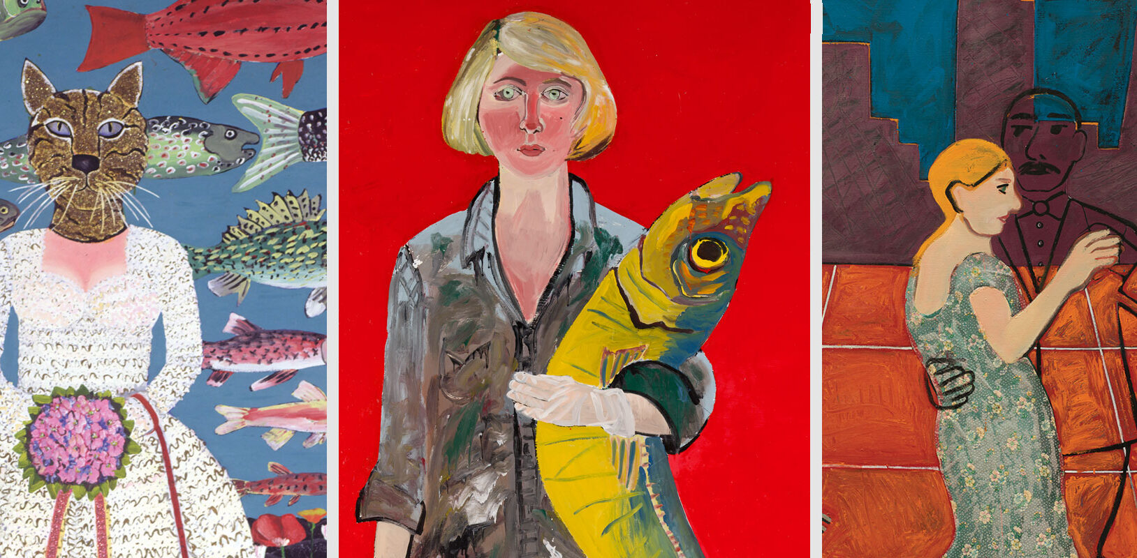 Three paintings by the artist, Joan Brown.