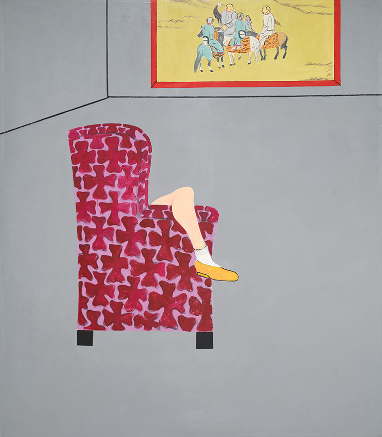 A painting of a chair with a human leg hanging over the arm.