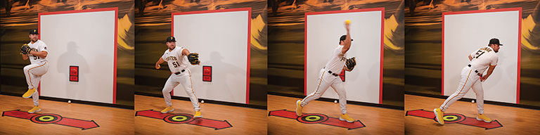 A series of photos showing a baseball pitcher throwing a ball.