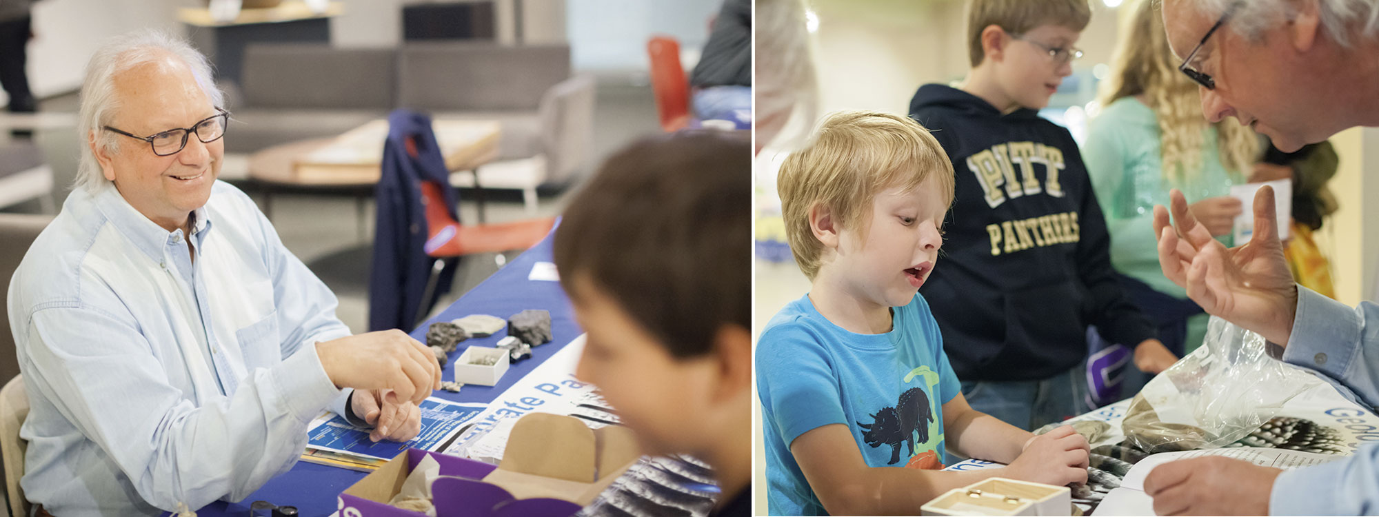 Two photos of a scientist explaining specimens to a young boy.