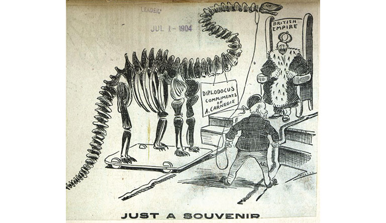 An editorial cartoon of Andrew Carnegie giving a replica of a dinosaur to the king of England.