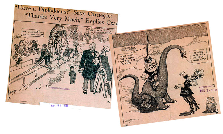 Two vintage newspaper clipping of cartoons showing Andrew Carnegie giving a dinosaur to world leaders.