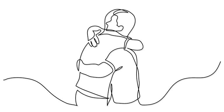 A continuous line drawing of two figures embracing, capturing a moment of warmth and connection between them.