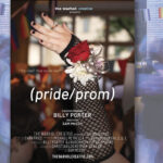 A vibrant event poster for "(pride/prom)," showcasing a hand adorned with floral wrist corsage, amid a lively background of dancing figures.