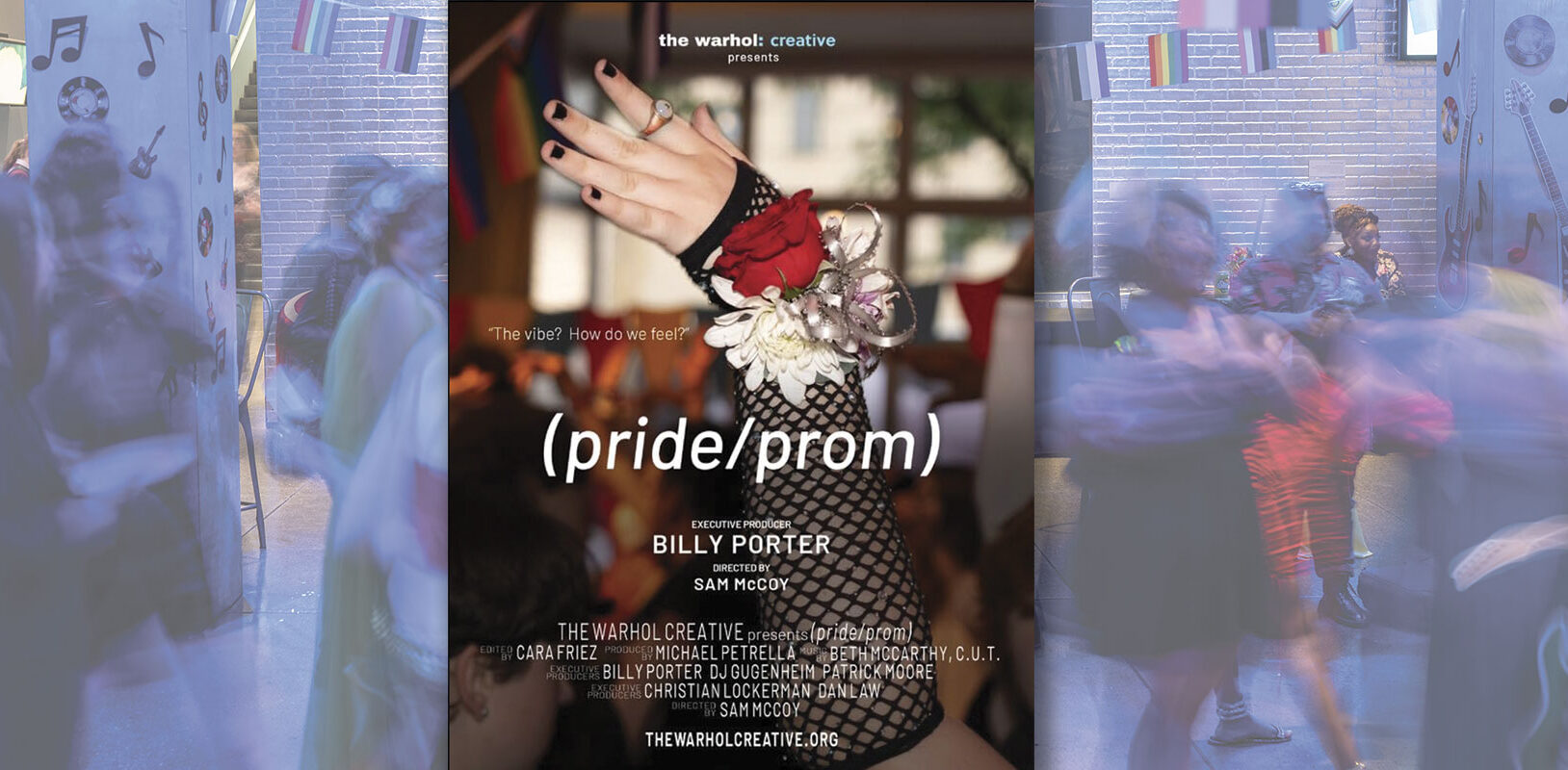 A vibrant event poster for "(pride/prom)," showcasing a hand adorned with floral wrist corsage, amid a lively background of dancing figures.