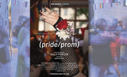 A vibrant event poster for "(pride/prom)," showcasing a hand adorned with floral wrist corsage, amid a lively background of dancing figures.