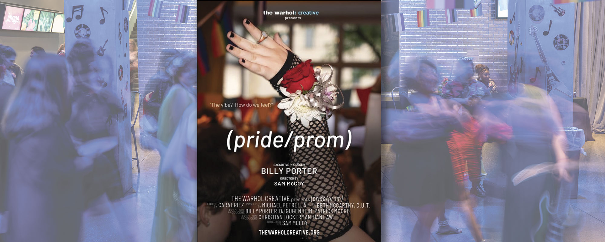 A vibrant event poster for "(pride/prom)," showcasing a hand adorned with floral wrist corsage, amid a lively background of dancing figures.