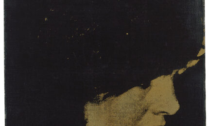 An abstract artwork featuring a deep black background with a gold-tinged rectangle, suggesting depth and texture.