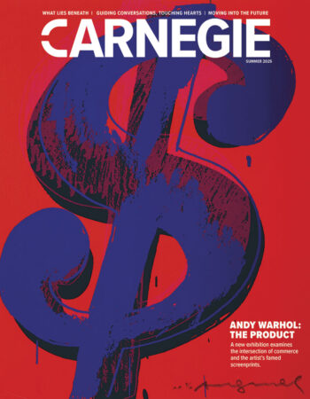 Carnegie magazine cover featuring a bold, red background with a prominent dollar sign and the title "Andy Warhol: The Product." Summer 2025 edition.