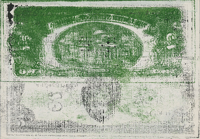 Stylized image of 2 green, worn 2 dollar bills, featuring abstract patterns and textures, with remnants of text and a central emblem.