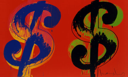 Colorful dollar signs on a red background.