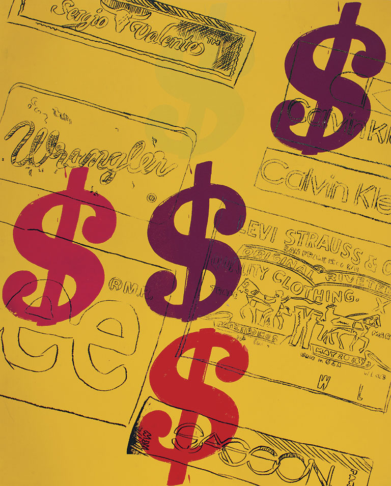 A vibrant yellow background features iconic brand logos, interspersed with bold dollar signs in red and purple, symbolizing fashion and value.