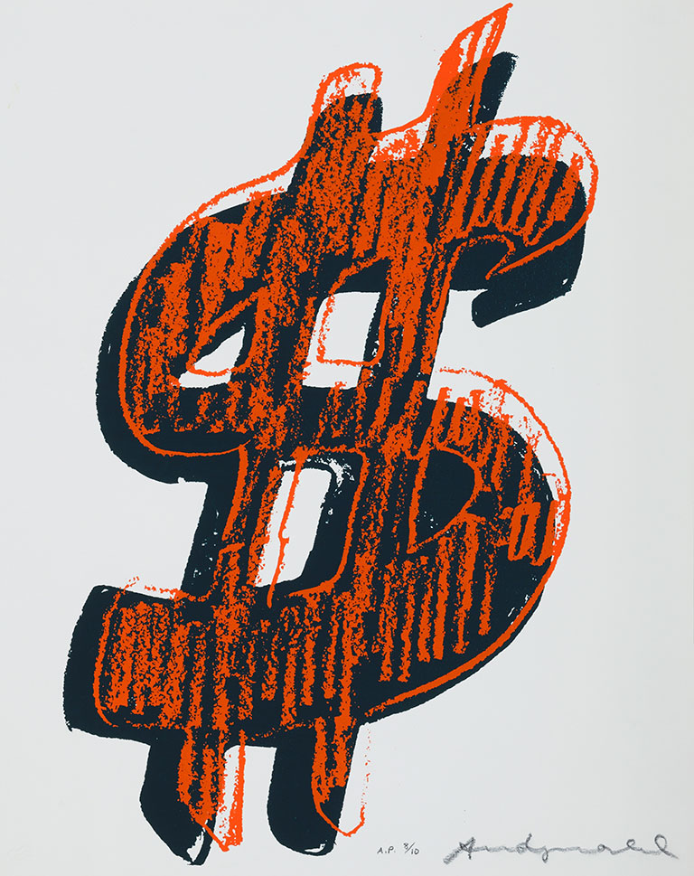 An orange dollar sign graphic with bold strokes and a black outline, signed by Andy Warhol, presented on a white background.
