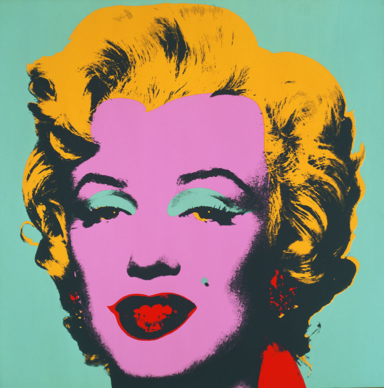 A vibrant pop art depiction of Marilyn Monroe against a bright turquoise background.