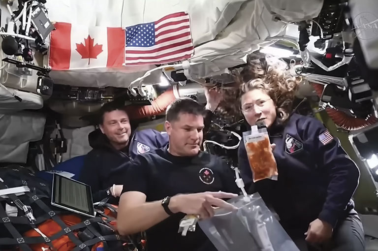 Astronauts in space with Canadian and American flags