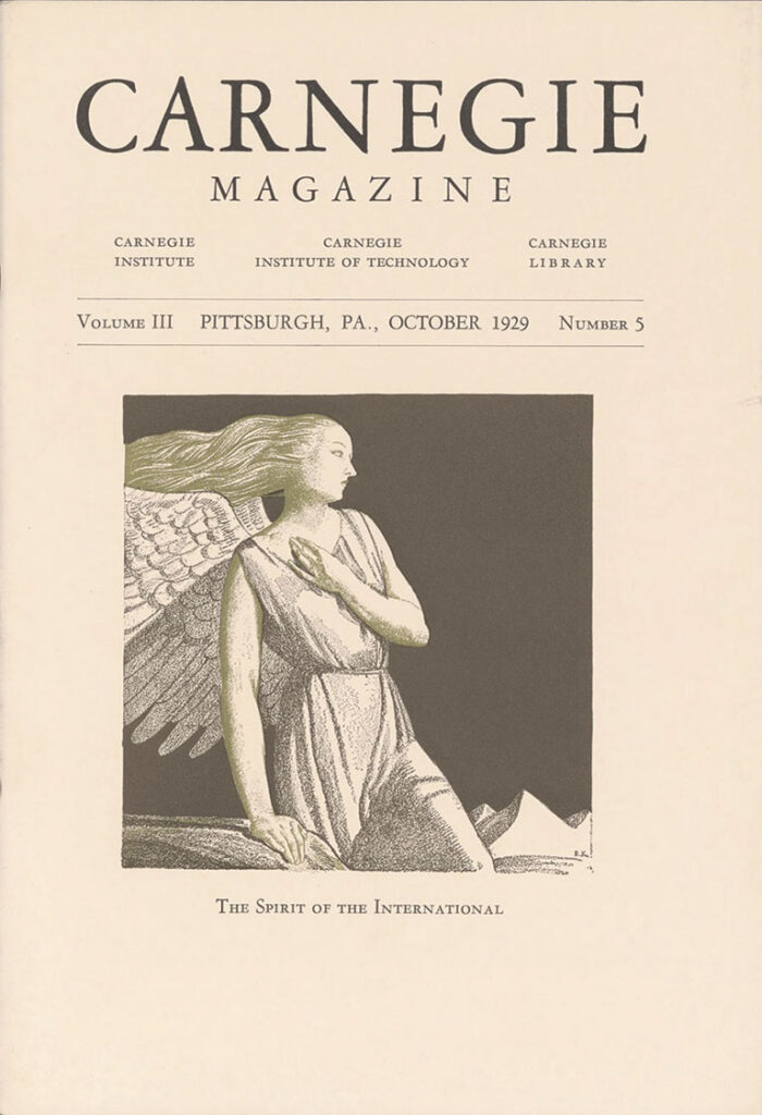 Carnegie Magazine cover from October 1929 features an illustration of a serene, robed angel with wings, titled "The Spirit of the International."