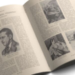 Open book with sepia pages, featuring an article titled "Painting—Today and Yesterday." Includes portraits and art images, conveying a historical art theme.