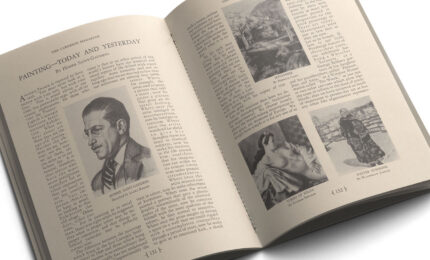 Open book with sepia pages, featuring an article titled "Painting—Today and Yesterday." Includes portraits and art images, conveying a historical art theme.