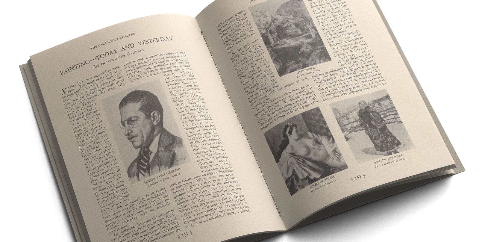 Open book with sepia pages, featuring an article titled "Painting—Today and Yesterday." Includes portraits and art images, conveying a historical art theme.
