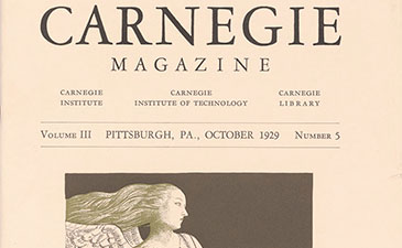 Cover of Carnegie Magazine, October 1929, featuring an illustration of a serene woman with flowing hair. The tone is classic and historical.
