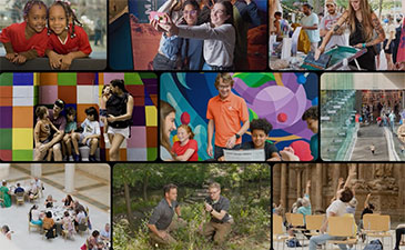 Collage of children and adults in various settings