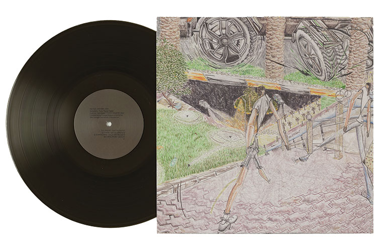 Vinyl record next to an album cover featuring a surreal drawing of slender figures and oversized car wheels.